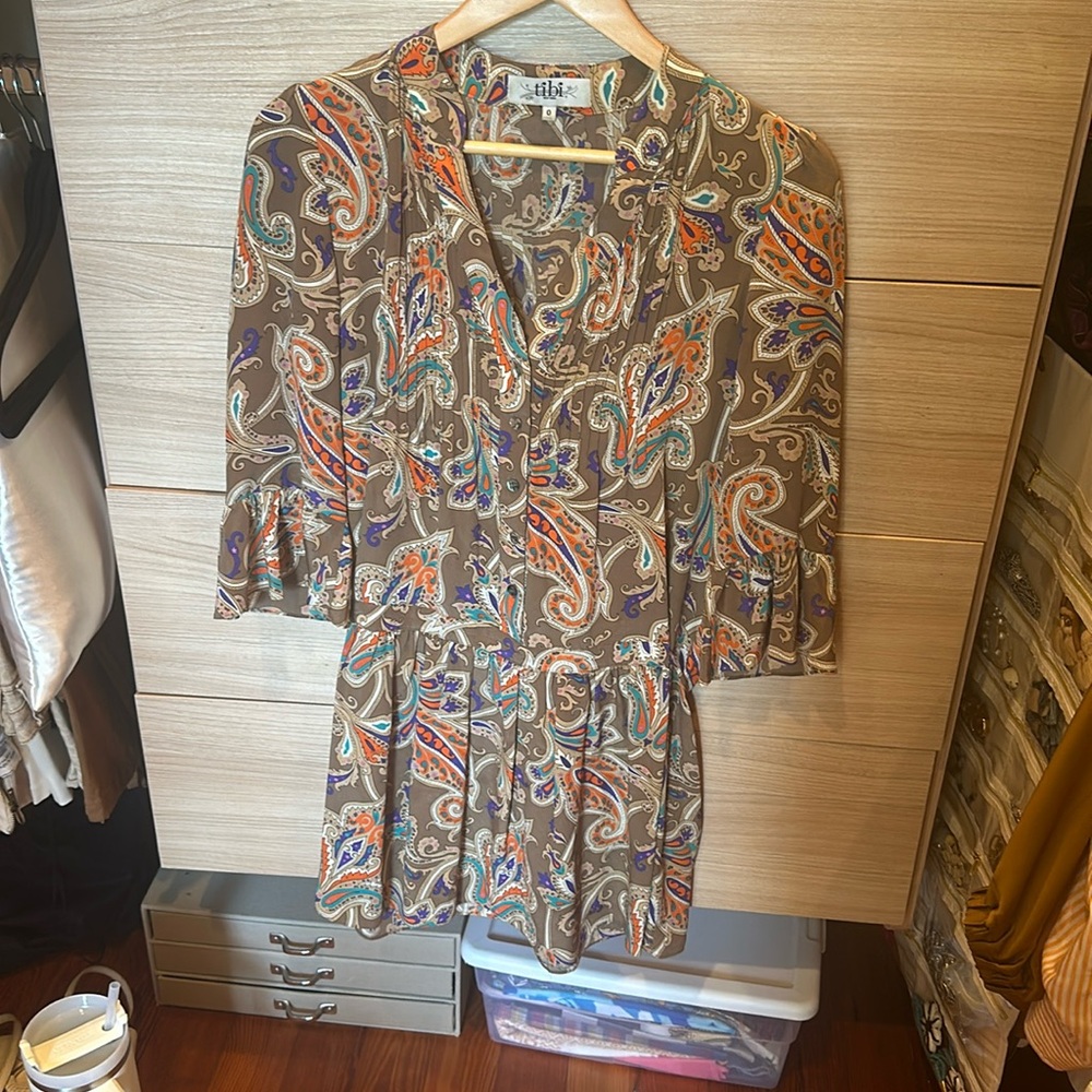 Tibi 100% Silk dress Brown Paisley 0 Drop Waist Pintuck